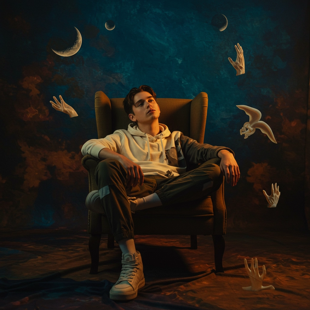 A striking artistic portrait of a young person seated in a surreal, dreamlike studio space.