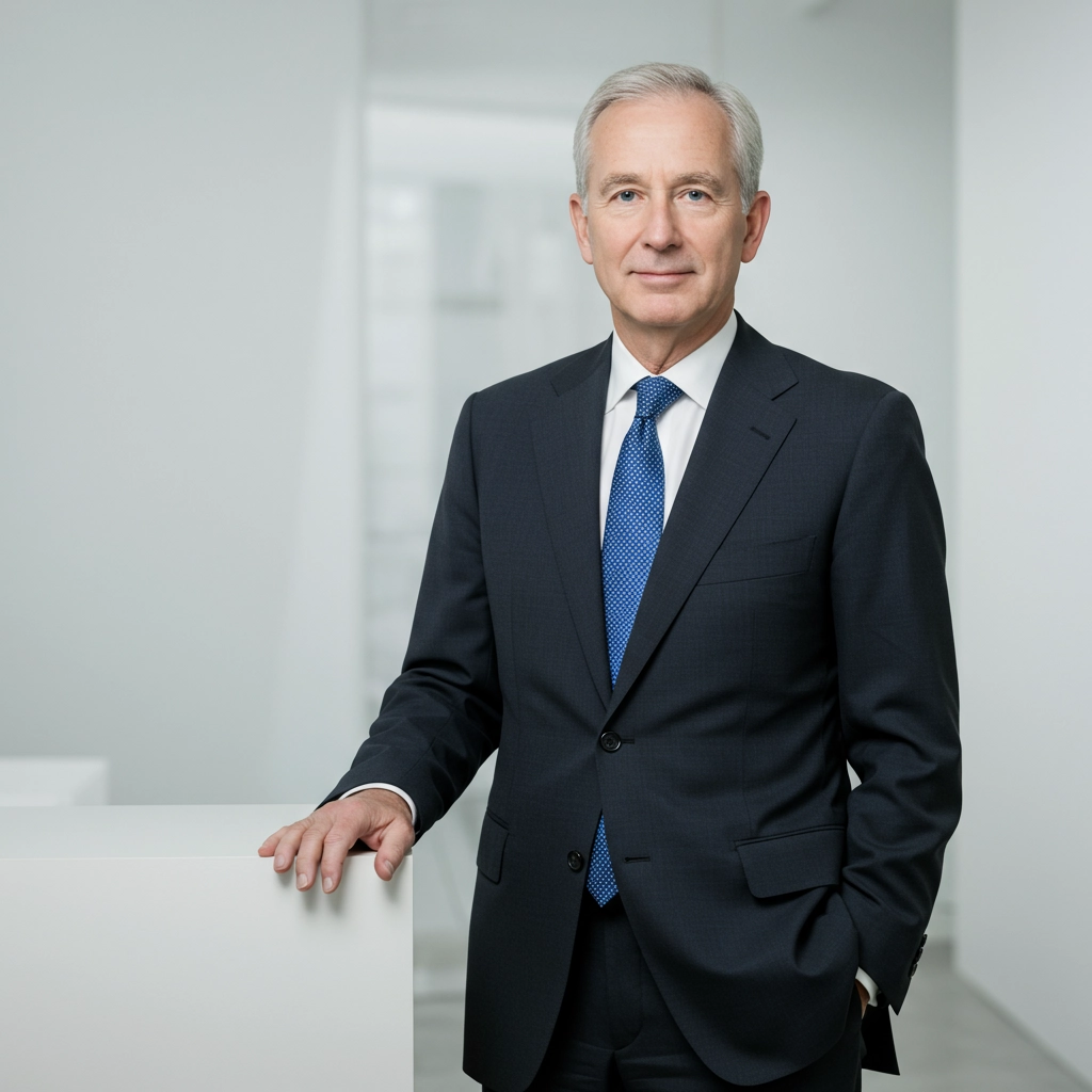 A formal executive portrait of a senior professional posed confidently against a clean, neutral backdrop—such as light gray, soft beige, or a subtly blurred office interior. The subject is dressed in a sharp, well-tailored suit or business-appropriate outfit, with a composed yet approachable expression.