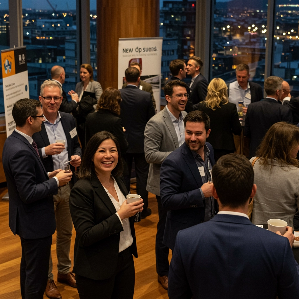 A vibrant business networking event set in a modern indoor venue with warm ambient lighting and sleek decor. Groups of professionals, dressed in smart business or business-casual attire, are engaged in conversation—smiling, exchanging business cards, and holding drinks or coffee cups.