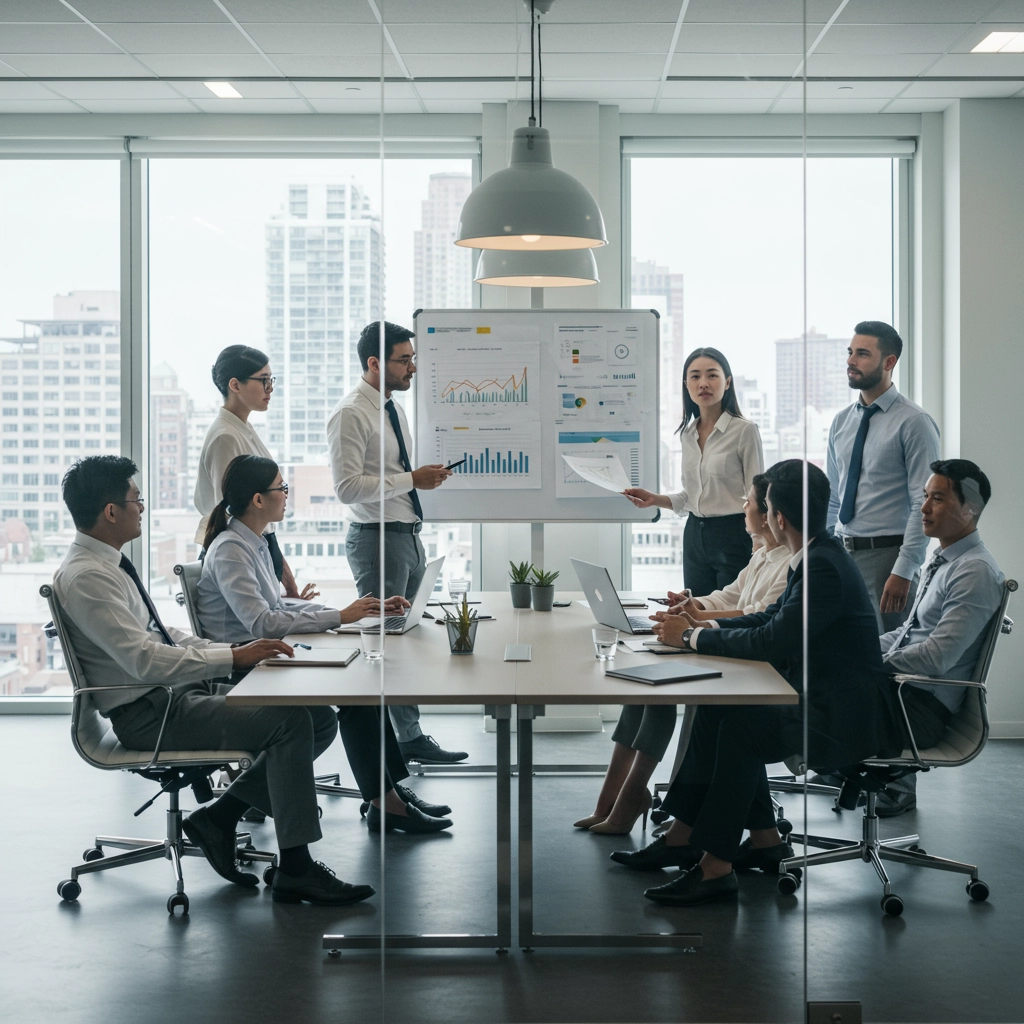 A modern corporate team meeting in a bright, glass-walled conference room with a large table at the center. A diverse group of professionals—men and women of different backgrounds—are seated and standing around the table, actively engaged in discussion.
