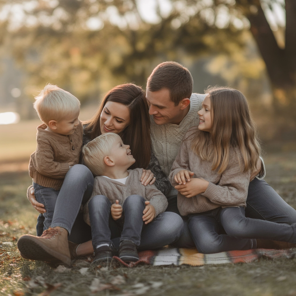 A cozy family portrait set outdoors during golden hour, with soft sunlight filtering through autumn trees. The family of five—two parents, three children—are seated together on a rustic blanket, dressed in casual, coordinated outfits in earthy tones.