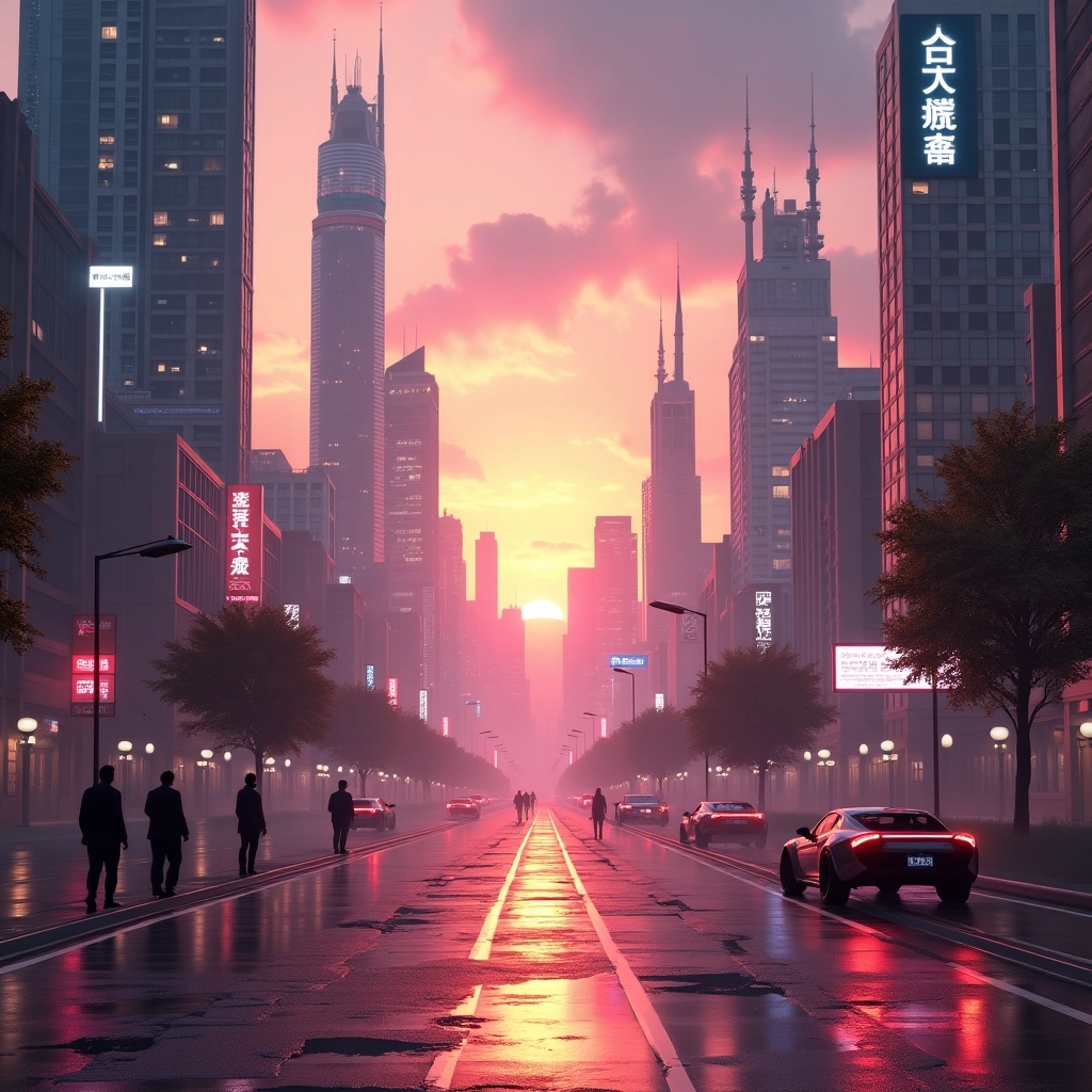 Céus de Néon: Cidade Futurista ao Pôr do Sol