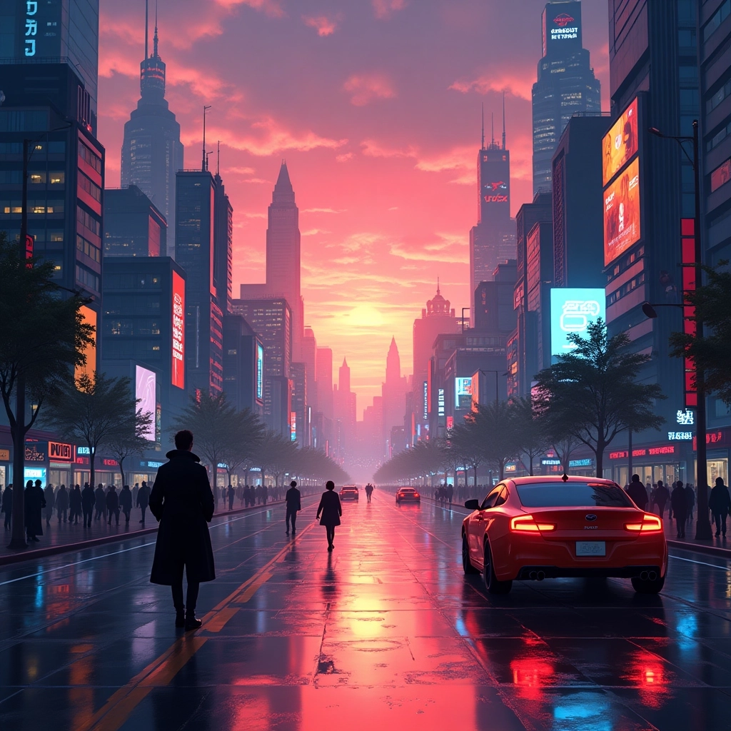 Νεονική Πόλη Cyberpunk στο Ηλιοβασίλεμα
