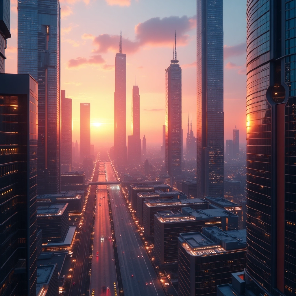 Neonhimmel: Futuristische Stadt bei Sonnenuntergang