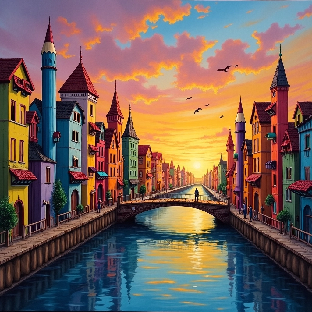 Whimsical Pencil City at Sunset