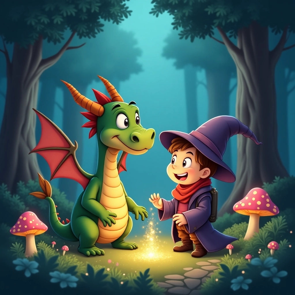 Whimsical Dragon and Young Wizard in an Enchanted Forest