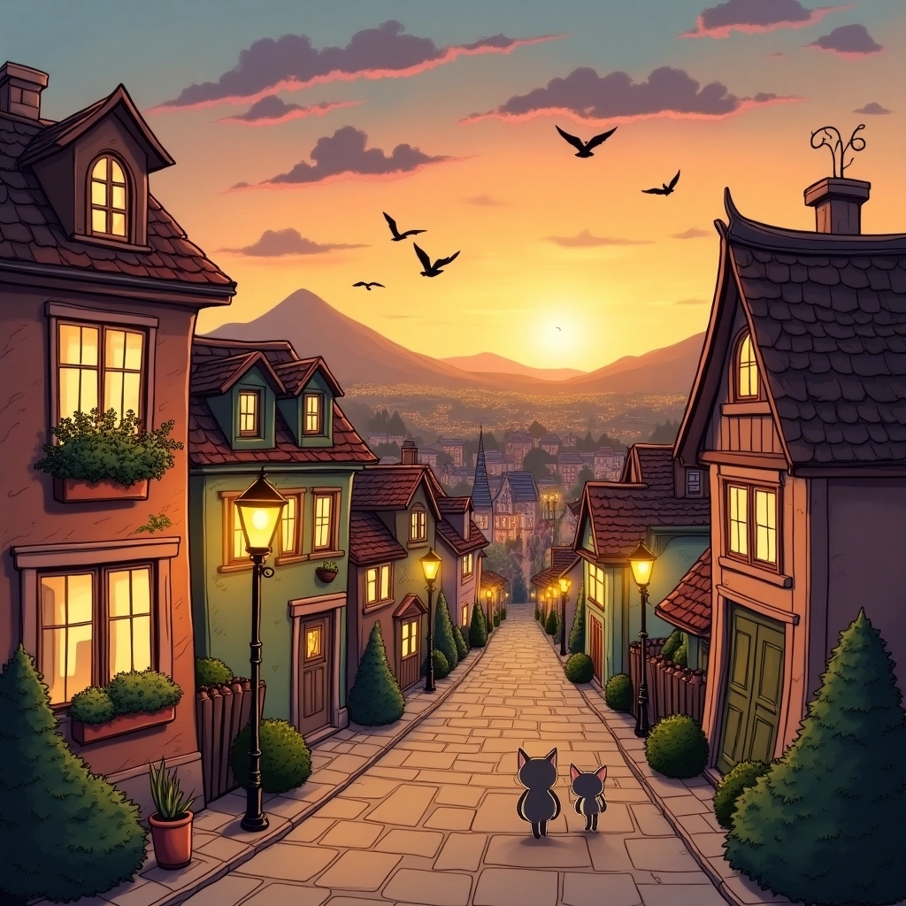Whimsical Hand-Drawn Cityscape at Sunset