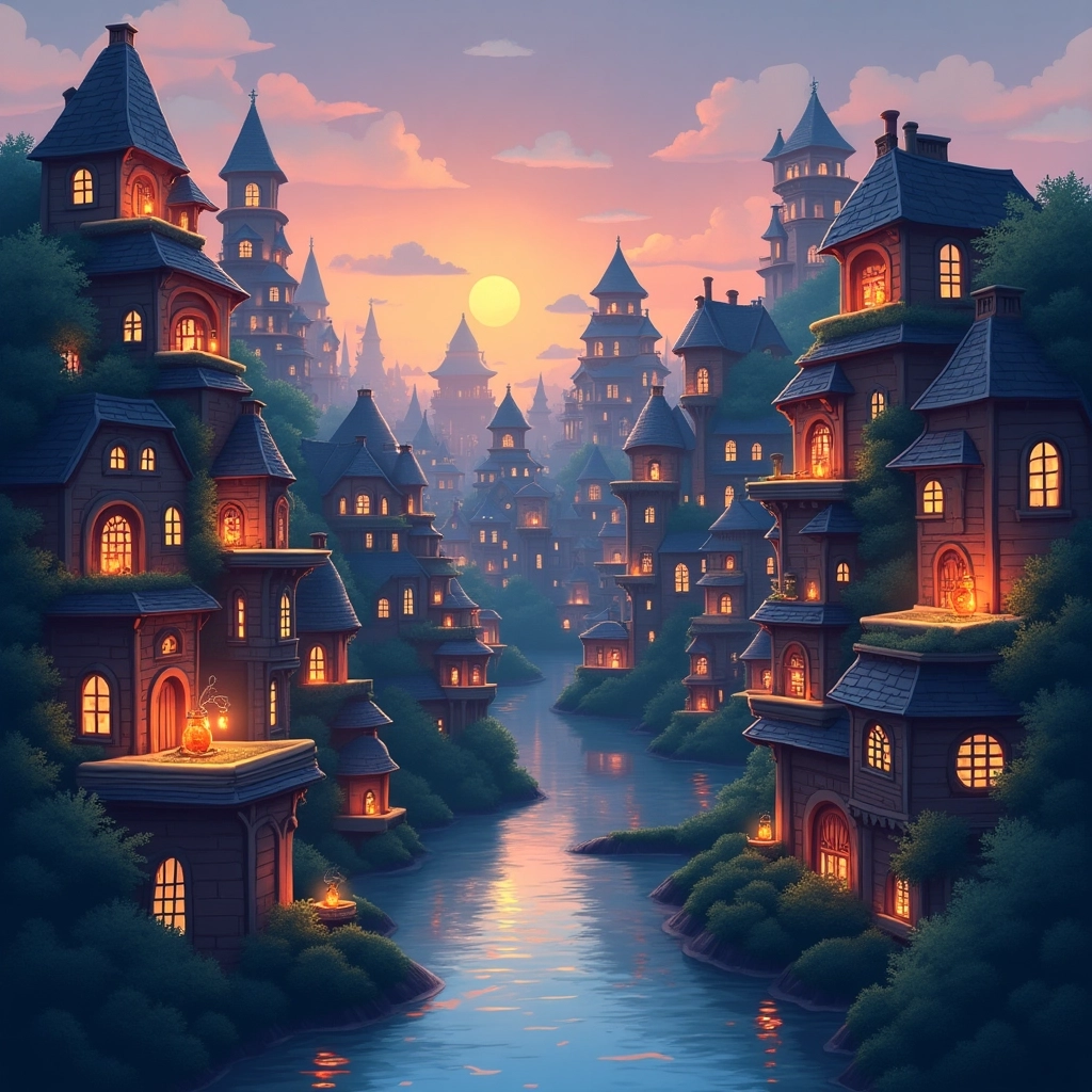 Whimsical Book City at Dusk