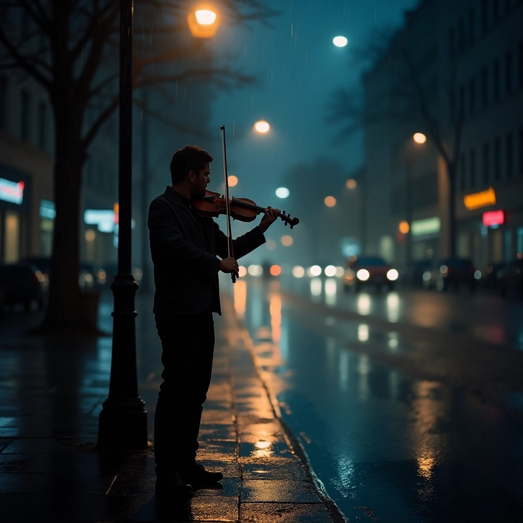 Midnight Serenade: Moody Violinist in the Rain