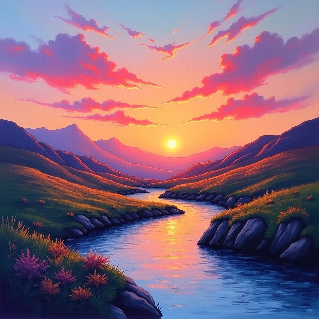 Dreamy Oil Pastel Sunset Landscape