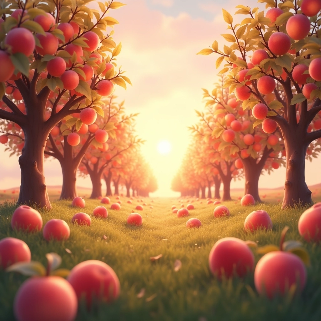 Whimsical Peach Orchard at Sunrise