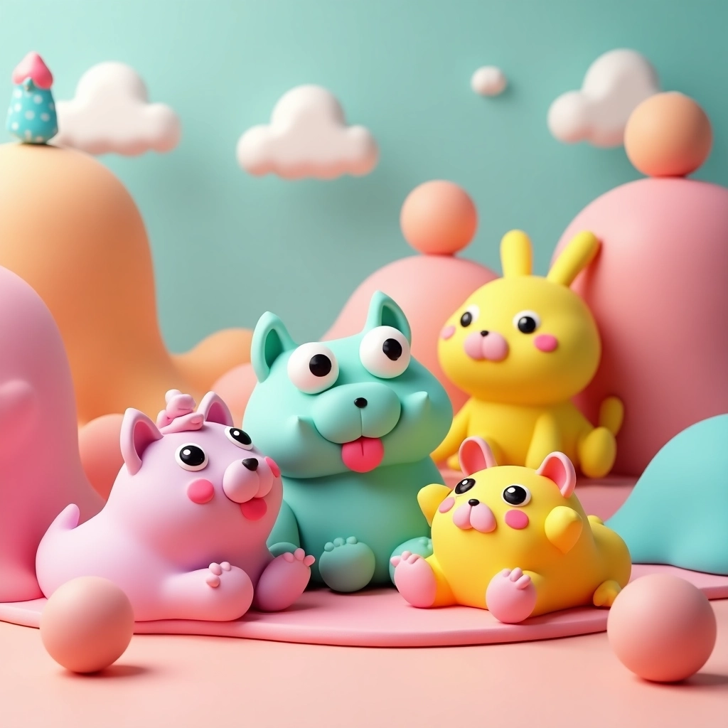 Squishy Wonderland: Playful 3D Creatures in a Fantasy Landscape