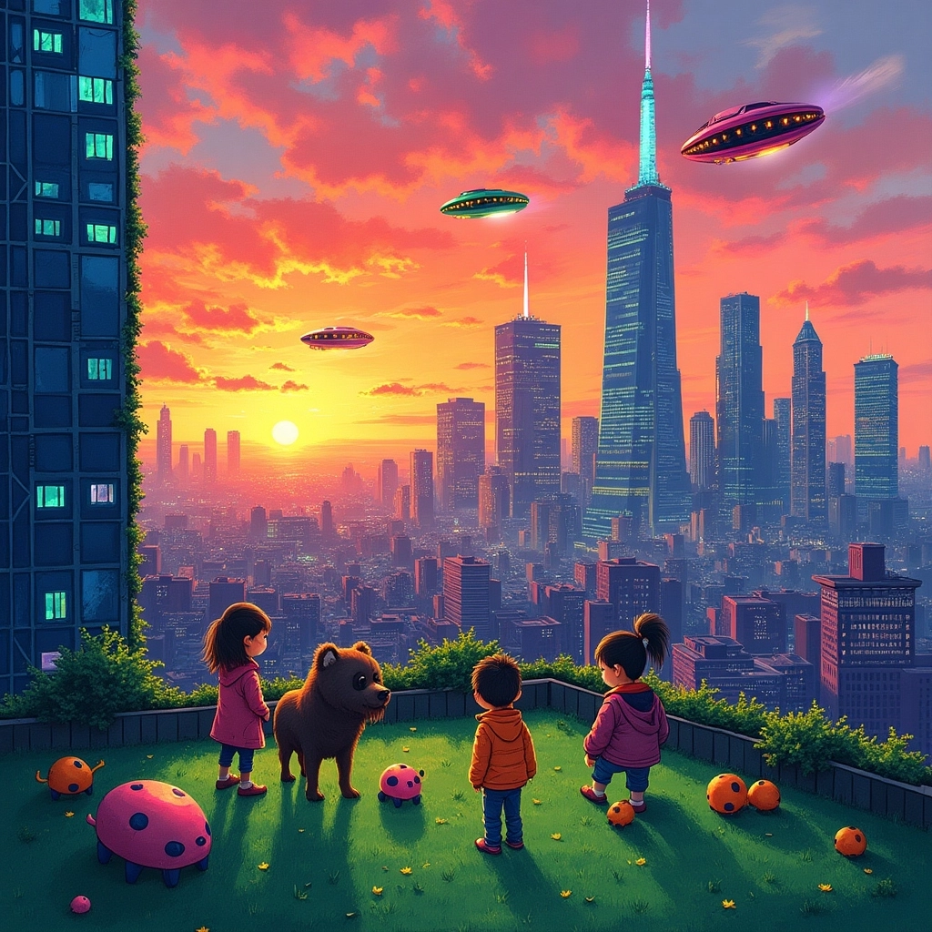 Futuristic Cityscape in Vivid Crayon
