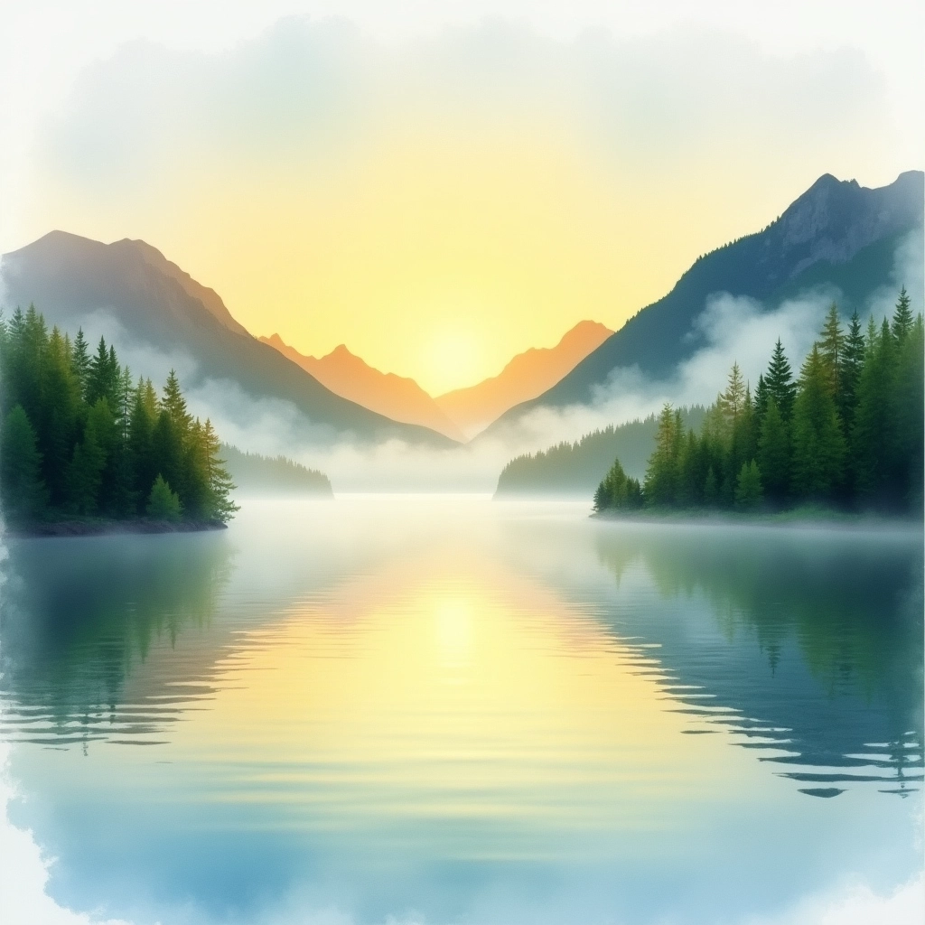 Misty Sunrise Over Tranquil Lake in Watercolor