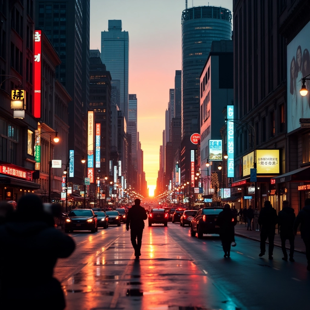 Urban Pulse: Wide-Angle City Street at Sunset