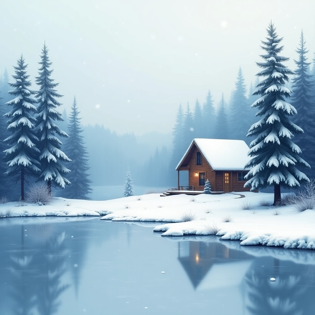 Winter Solitude: A Cozy Cabin by the Frozen Lake