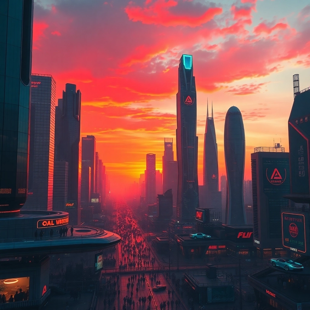 Redveil Skies: Neon City at Sunset