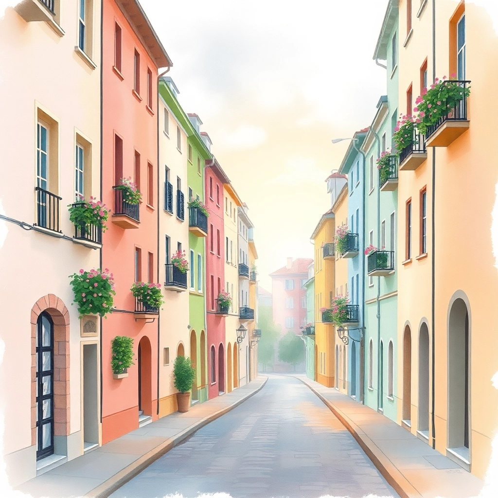 Whimsical Watercolor Cityscape at Dawn