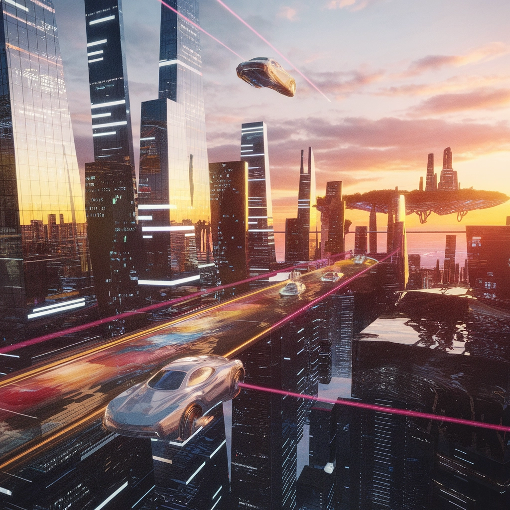 Futuristic 3D Cityscape at Sunset