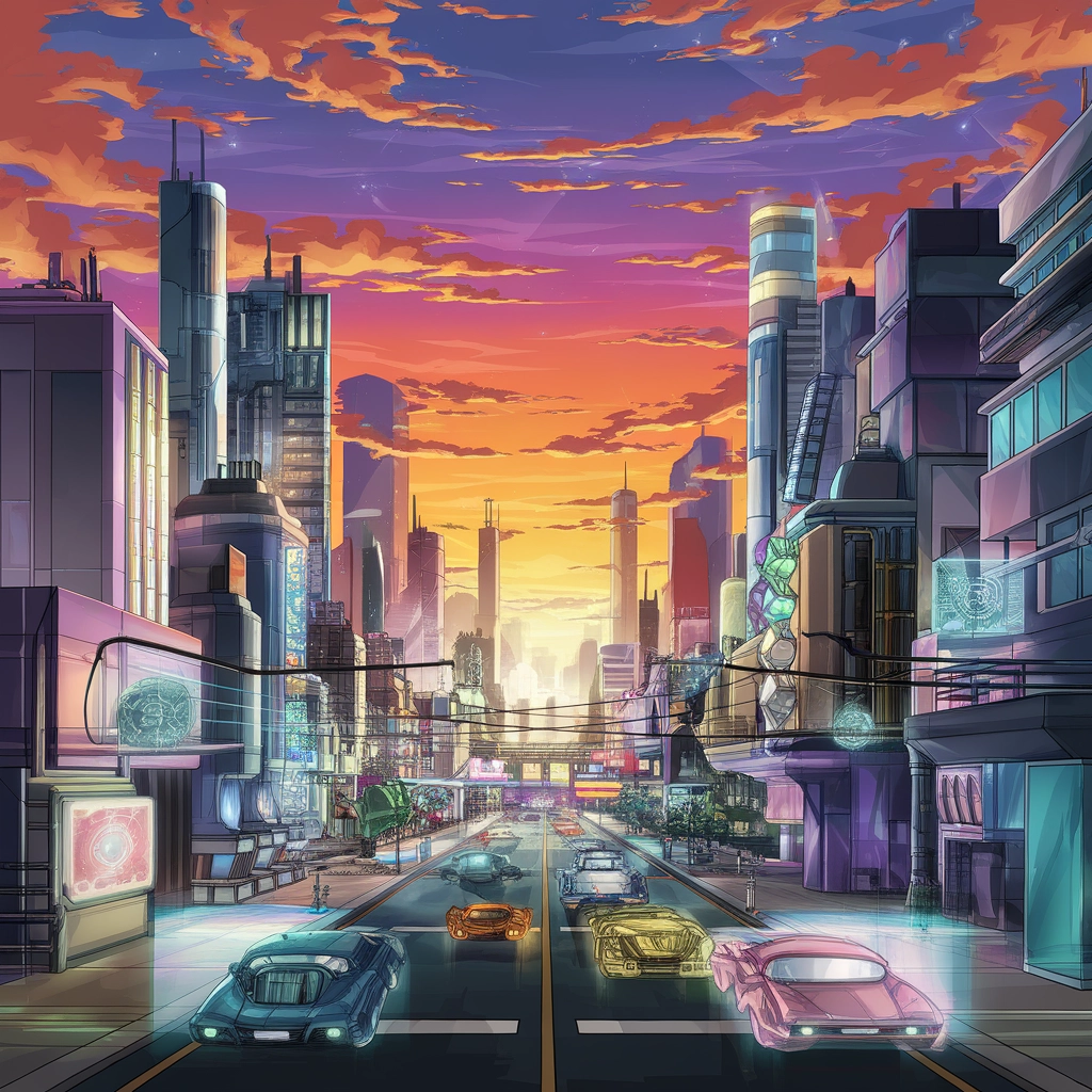 Futuristic Neon Anime Cityscape at Sunset