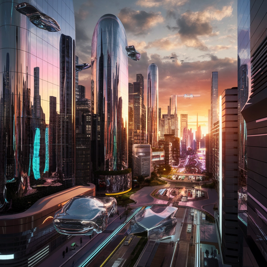Chrome-Futuristic Cityscape at Sunset