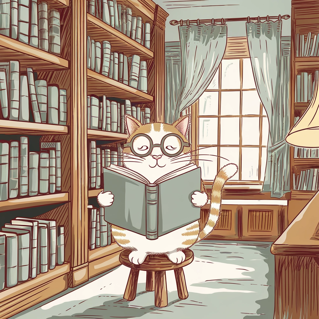 Whimsical Cat Reading in a Hand-Drawn Library