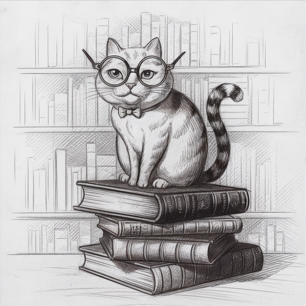 Whimsical Pencil Cat Scholar