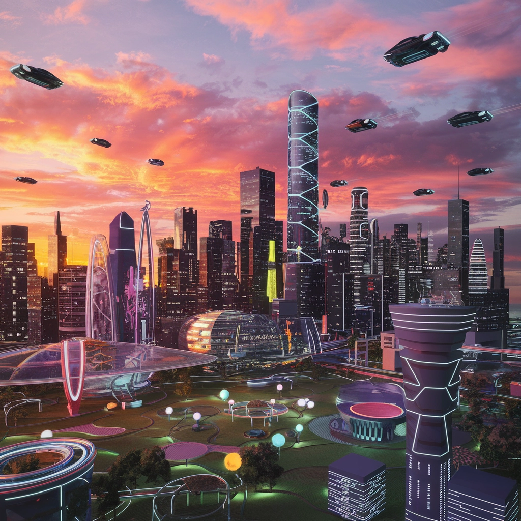 Futuristic Cityscape at Sunset in 3D