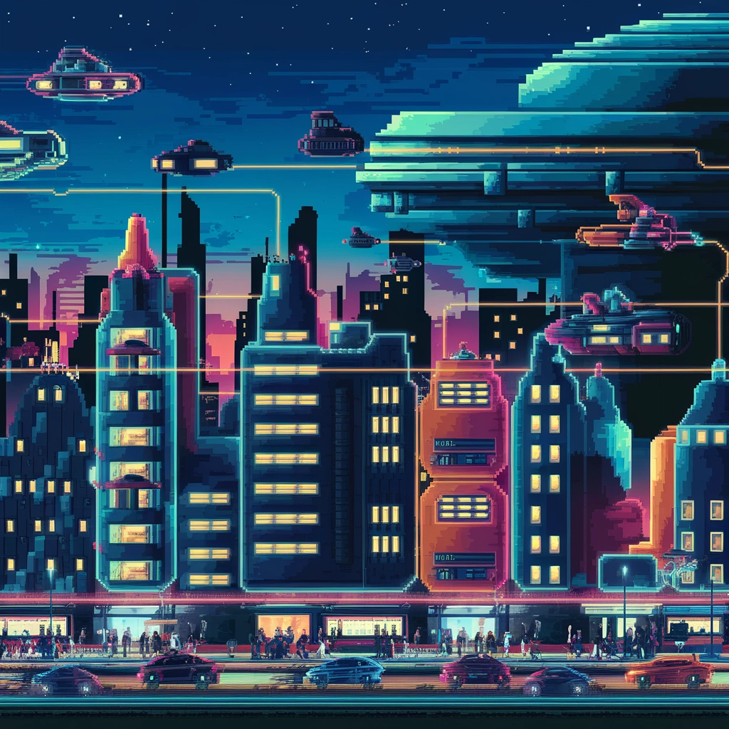 Neónové noci: 8-bitová retro-futuristická panoráma mesta