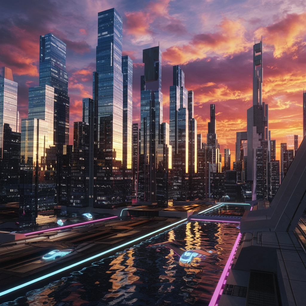 Futuristički gradski horizont pri zalasku sunca