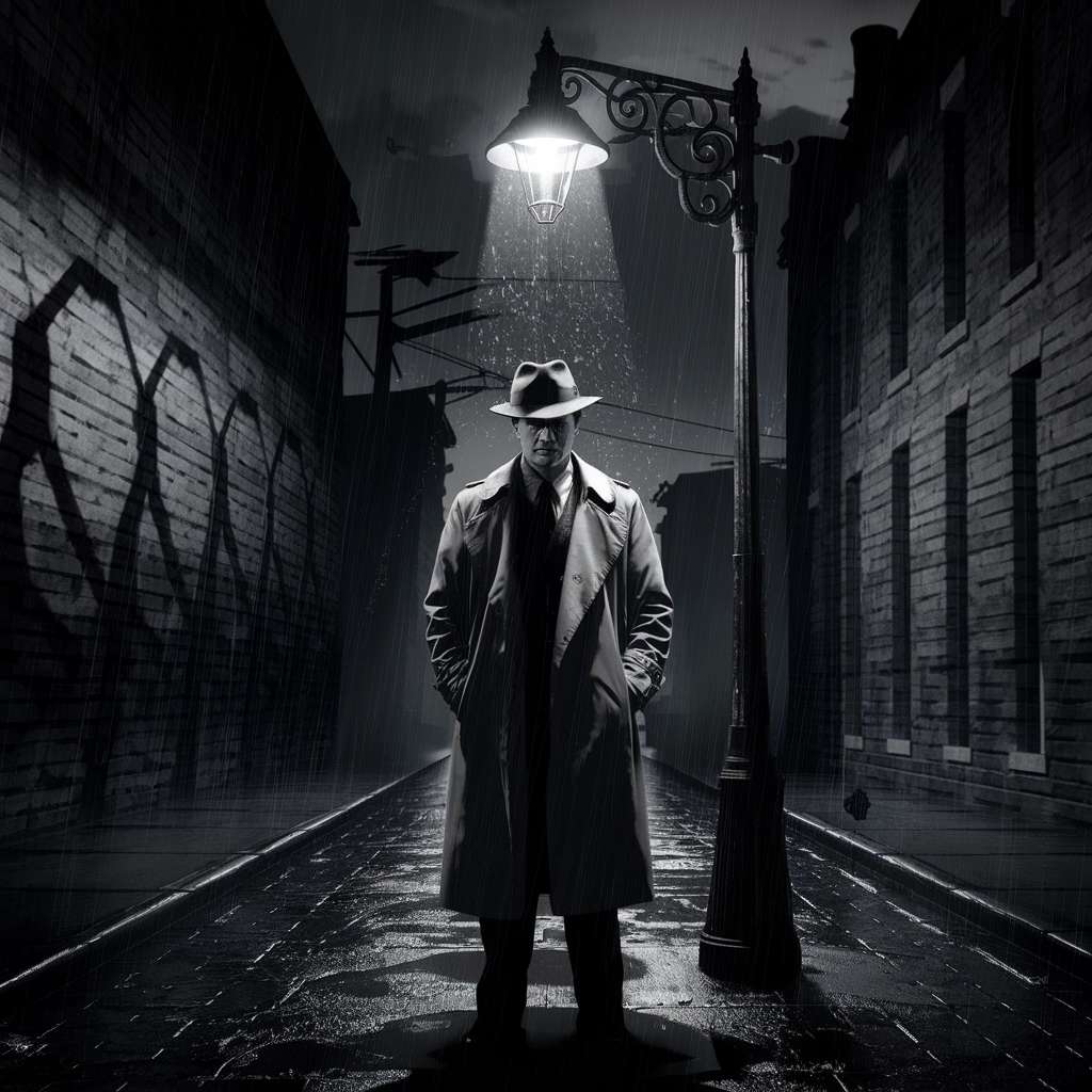 Noir Detective on Rainy Midnight Street