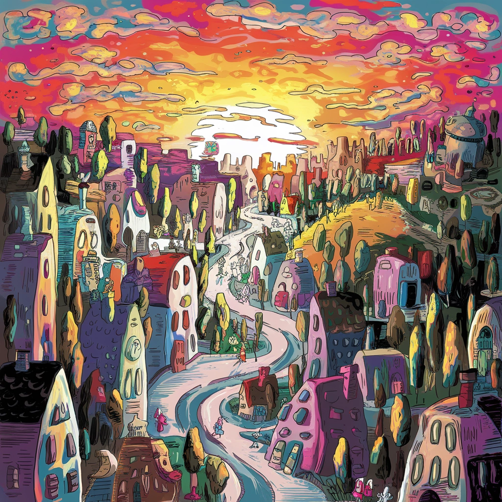 Whimsical Hand-Drawn Cityscape at Sunset