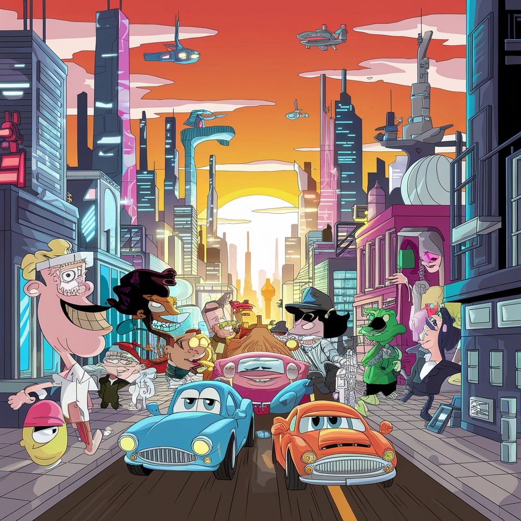 Futuristic Hypertoon Cityscape at Sunset