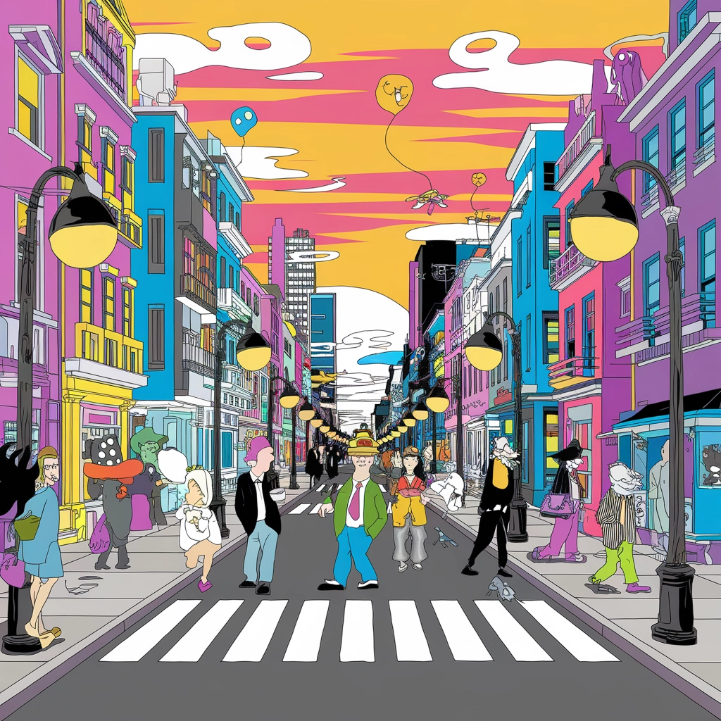 Whimsical Pop Art Cityscape at Sunset
