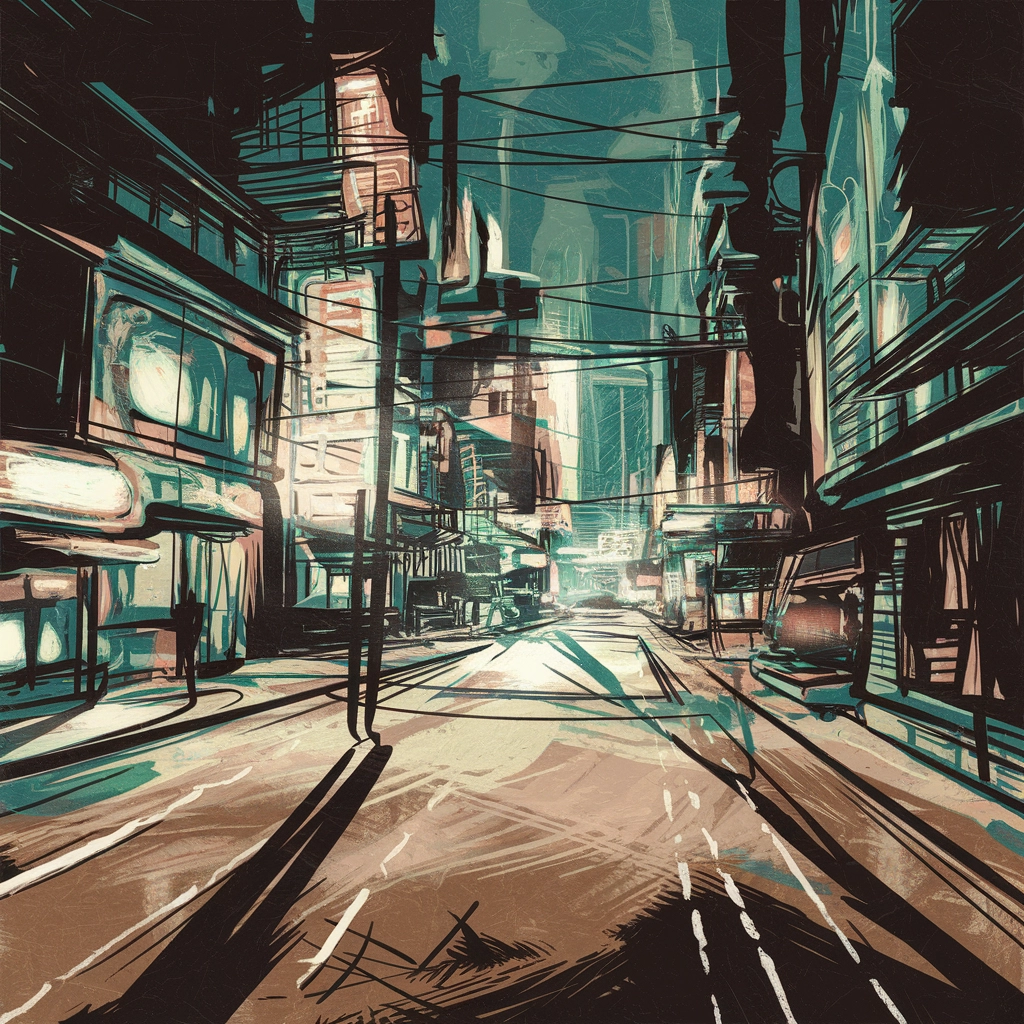 Neon Shadows: Surreal Cityscape in Ink Print