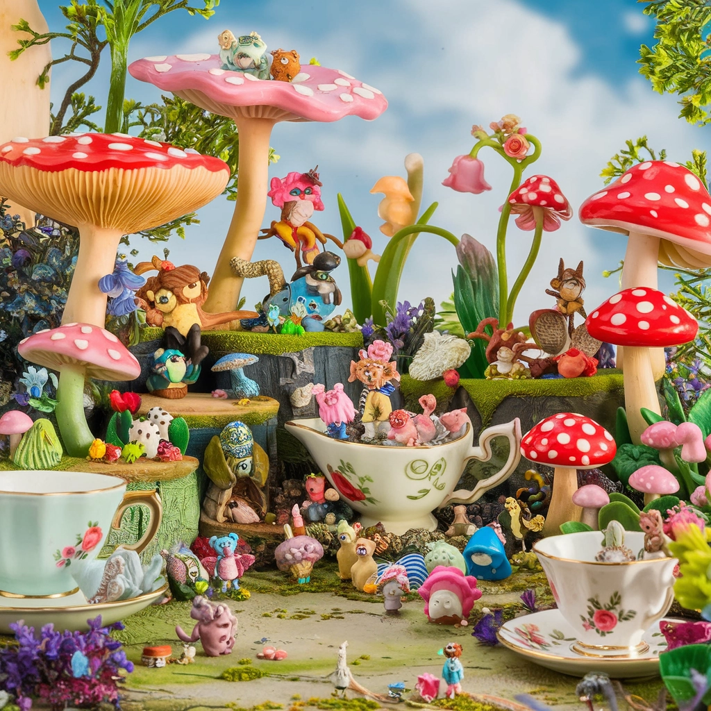Whimsical Miniature World Among Giant Flowers