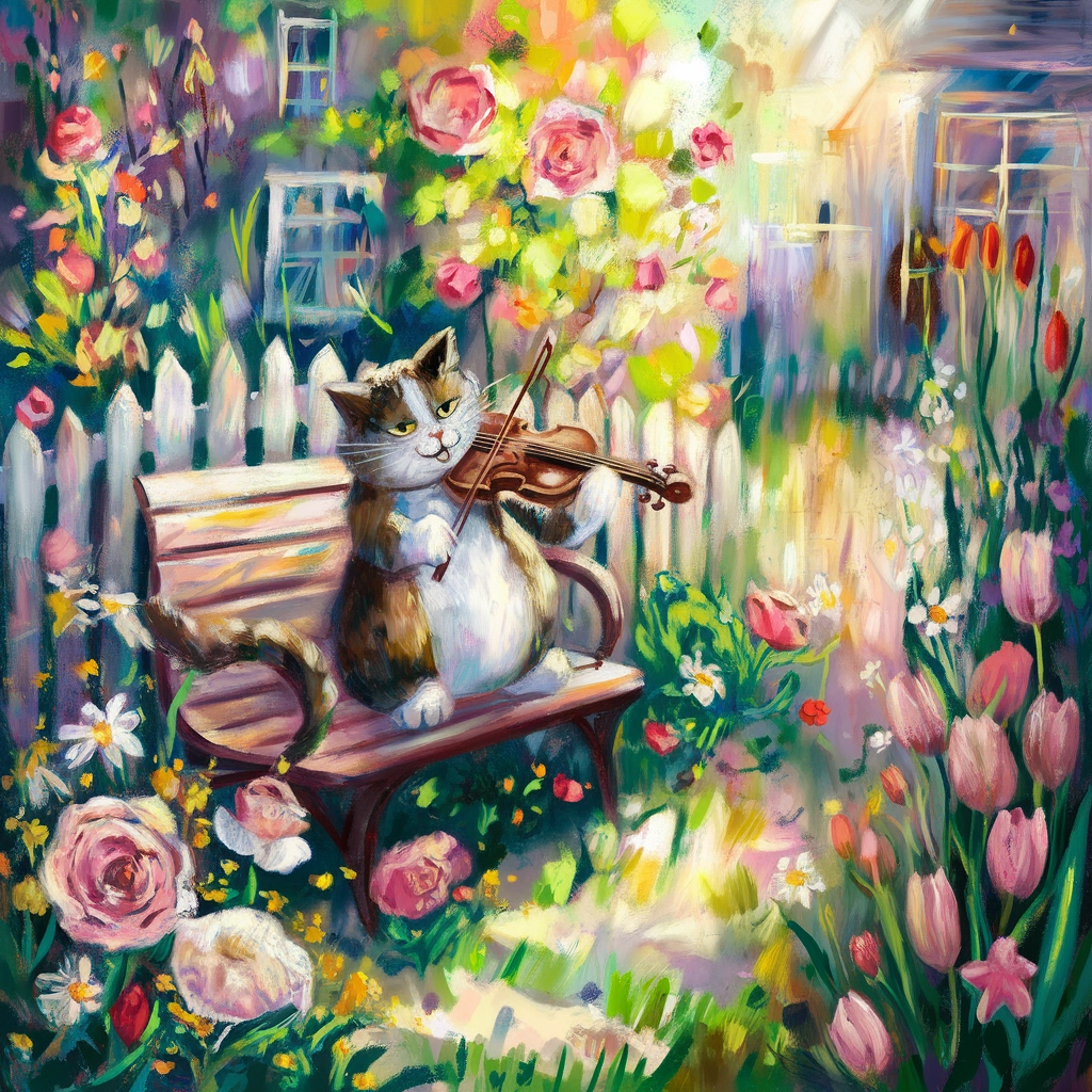 Whimsical Cat Violinist in a Spring Garden