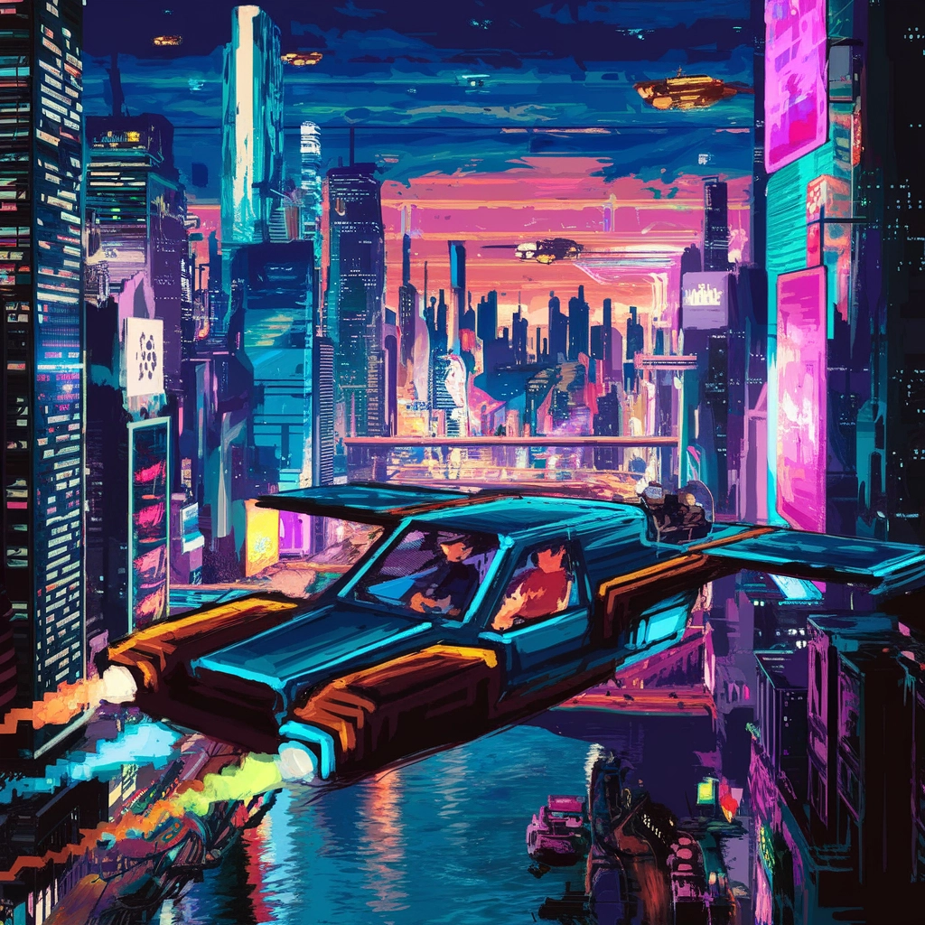 Neon kiberpunk városkép pixel artban