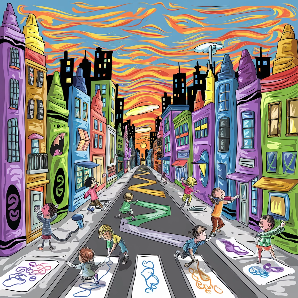 Whimsical Crayon Cityscape at Sunset