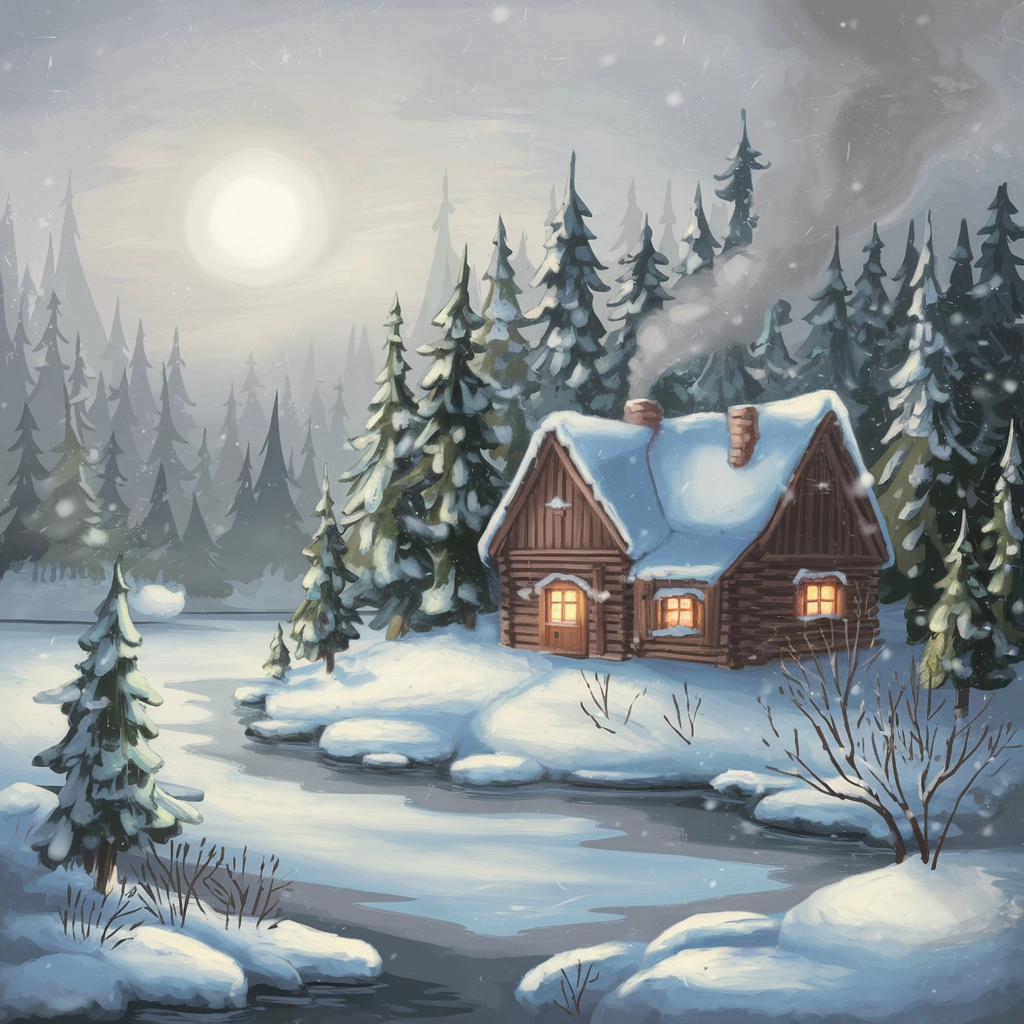 Winter Tranquility: Cozy Cabin by the Frozen Lake
