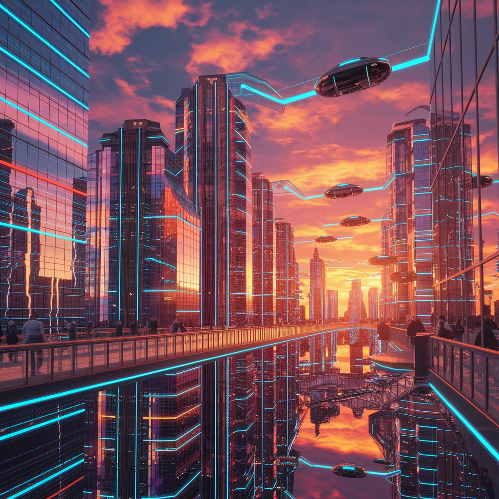 Paisaje Urbano Futurista de Neón al Atardecer