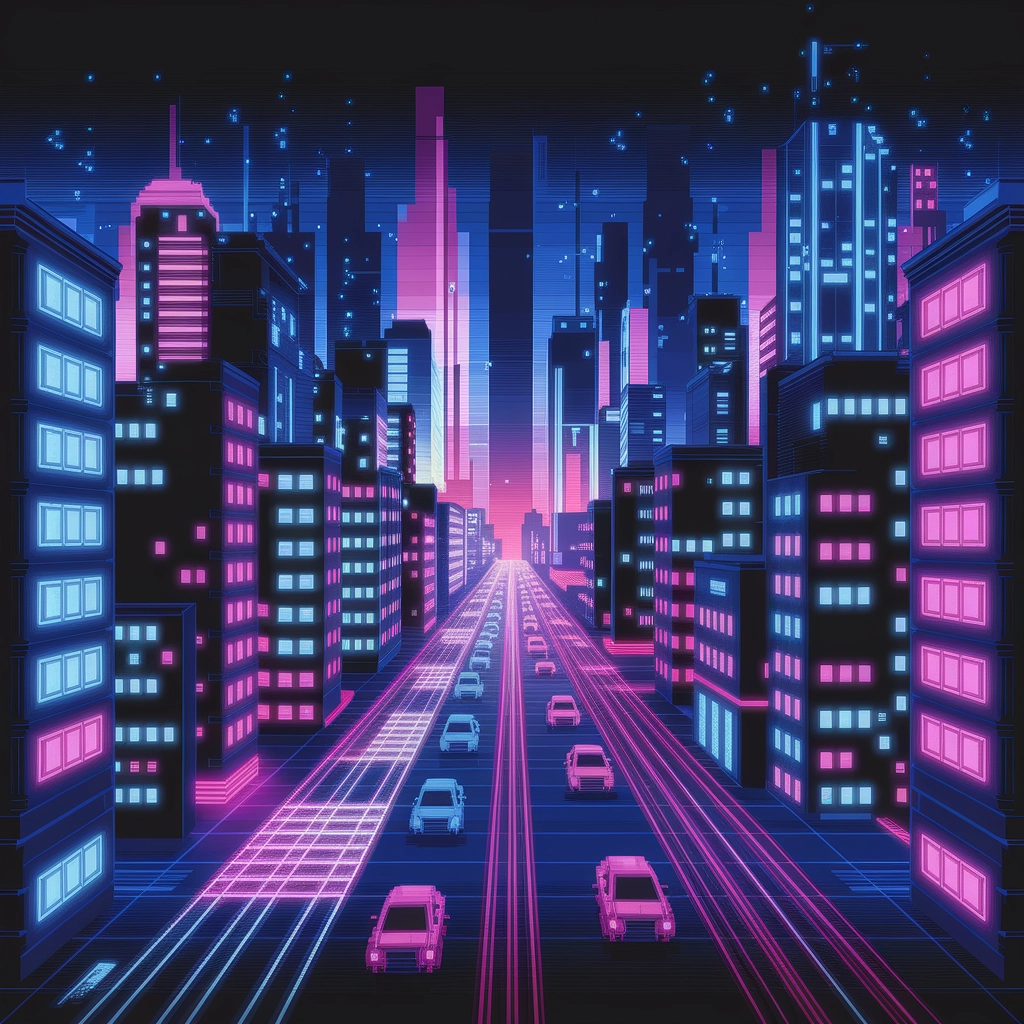 Neon Skyline: Futuristic City in Arcade Bits