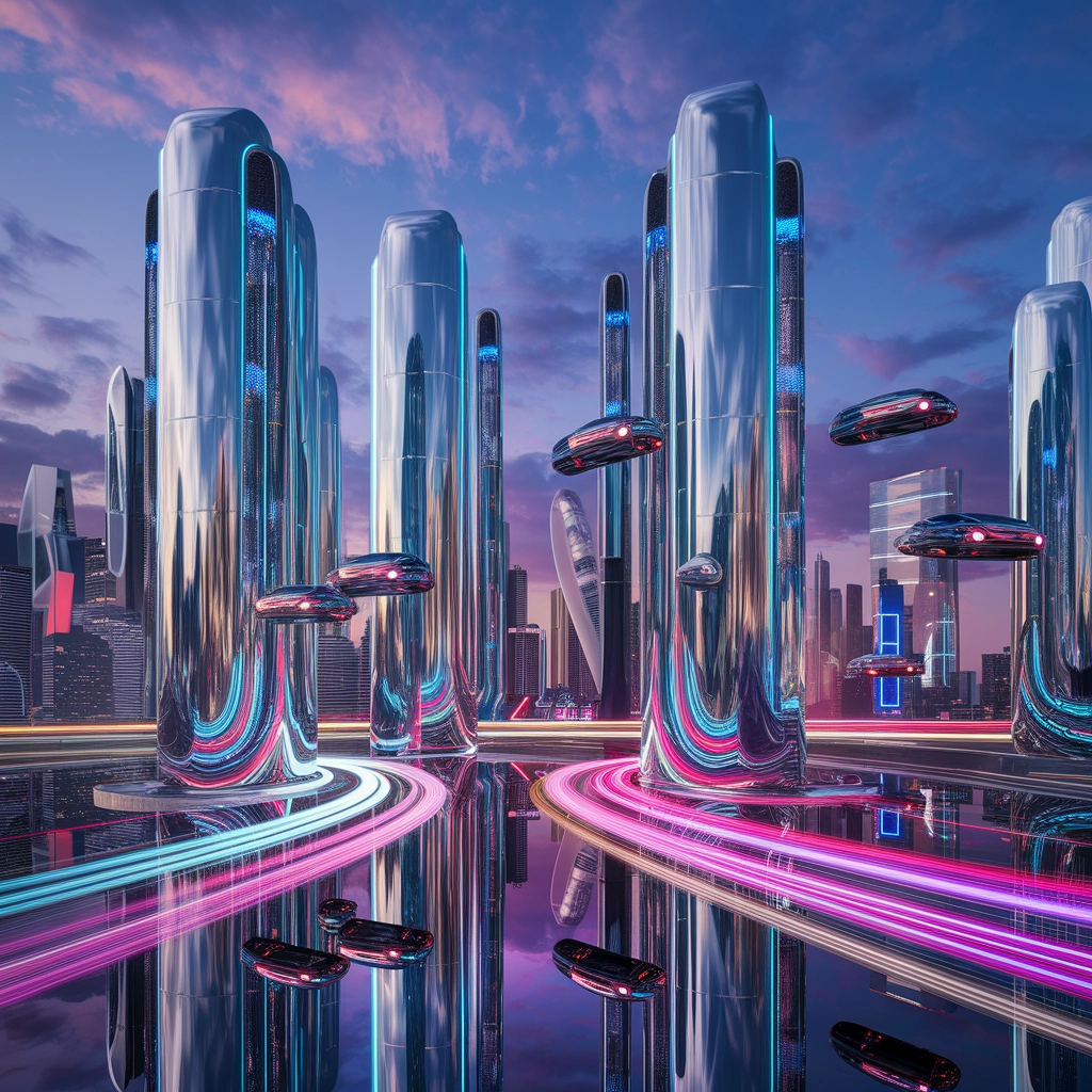 Chrominis miestas: futuristinis dangoraižių peizažas sutemose