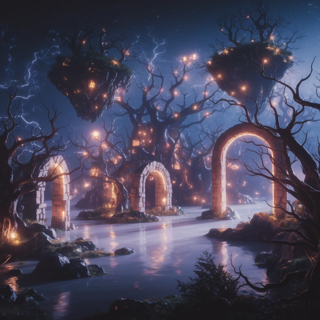 Dreamlike Nightscape of Floating Islands