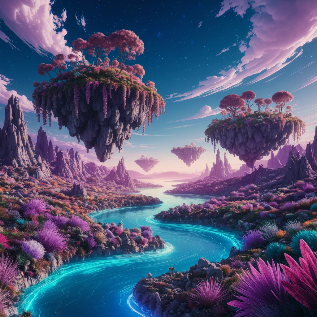 Surreal Dreamscape: Floating Islands and Glowing Rivers