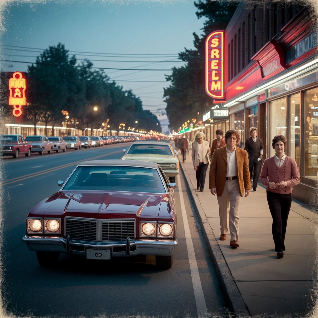 Neon Memories: 1970s Street at Dusk