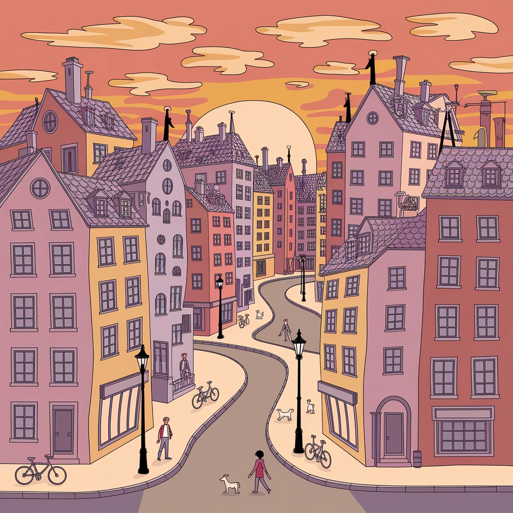 Whimsical Hand-Drawn Cityscape at Sunset