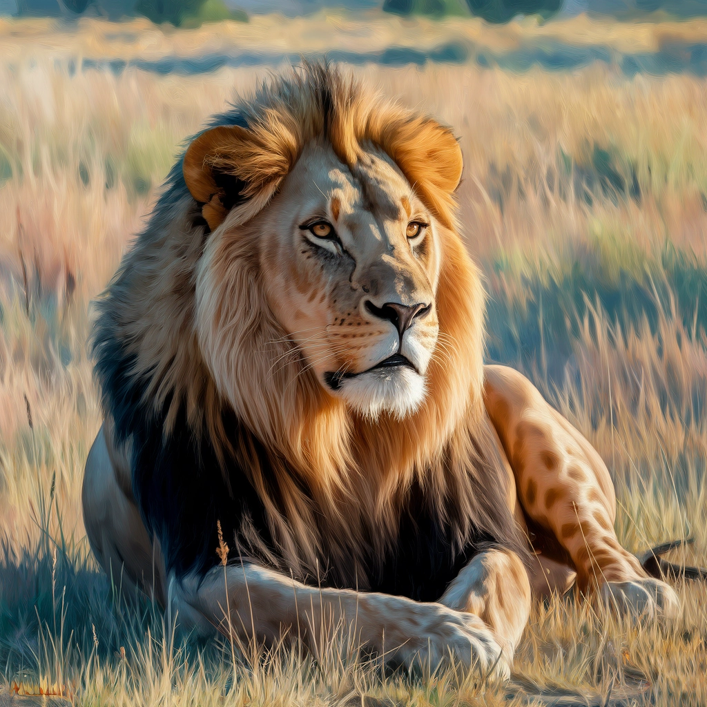 Majestic Lion in Sunlit Savanna - Oil Painting