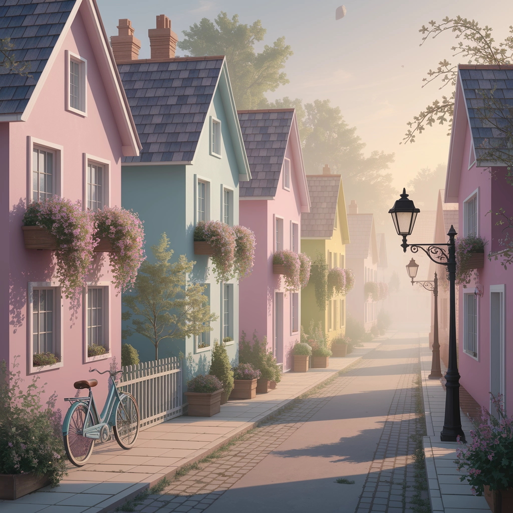 Pastel Sunrise Village Street