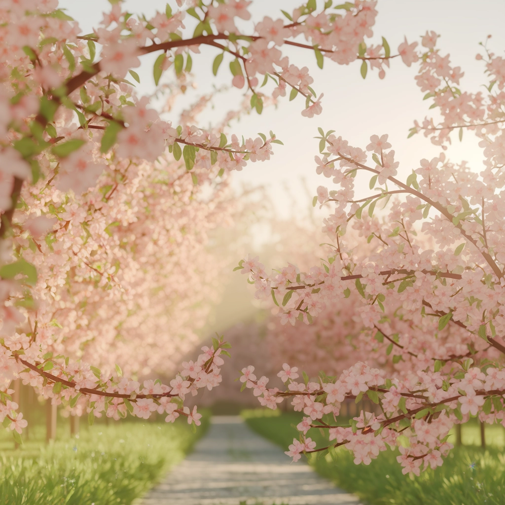 Dreamlike Peach Orchard at Sunrise